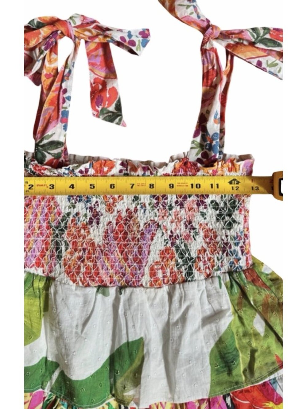 Farm Rio Mixed White Print Layered Dress M Tropical Floral Tiered cotton smocked - Picture 5 of 6